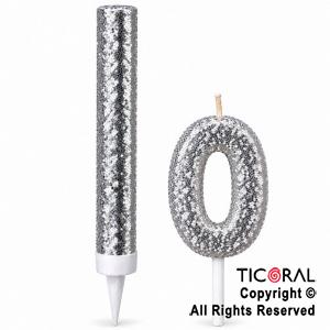 SET BENGALA Y VELA NUMERAL NUMERO 0 CON GIBRE PLATA